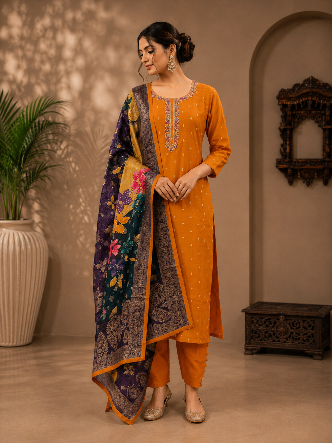 Mustard Yellow Vichitra Silk Straight Suit Set with Floral Printed Dupatta